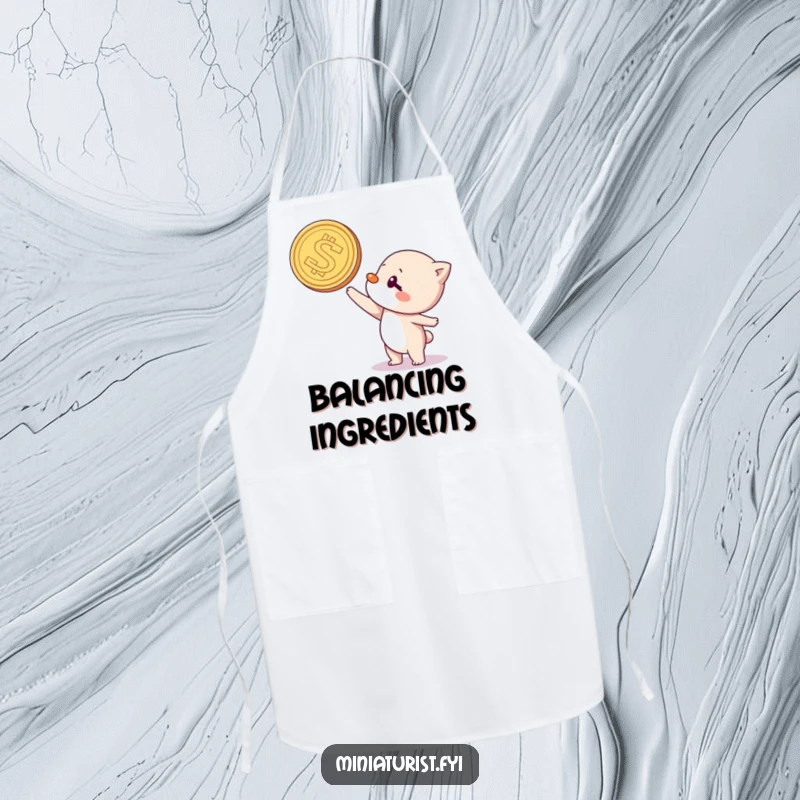 Funny apron showing a character humorously balancing a giant coin on its nose, perfect for a chef who loves to entertain.