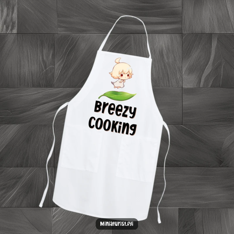 Funny apron featuring a tiny character riding a leaf, carried by a gentle breeze, perfect for humorous kitchen activities.