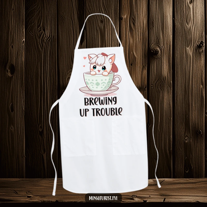 Funny Teacup Peek Apron: A cute character peeking from a teacup, perfect for a fun cooking experience.