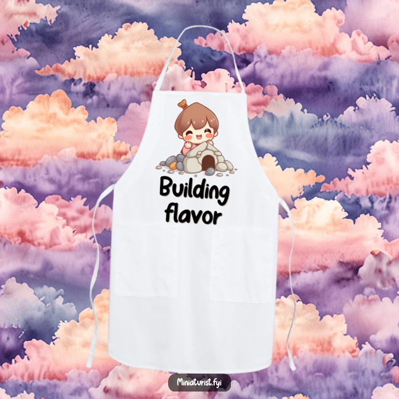 Funny apron of a character building a small house from pebbles, ideal for anyone who loves crafting and a touch of humor.