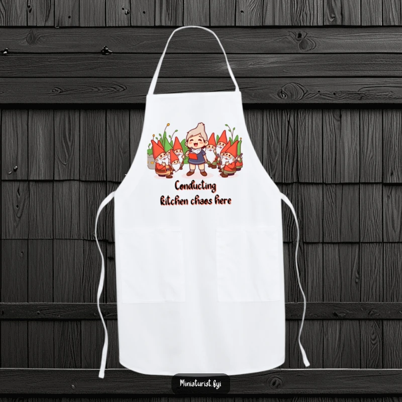 Funny Apron: Miniature conductor energetically leading a hilarious orchestra of garden gnomes while you cook.