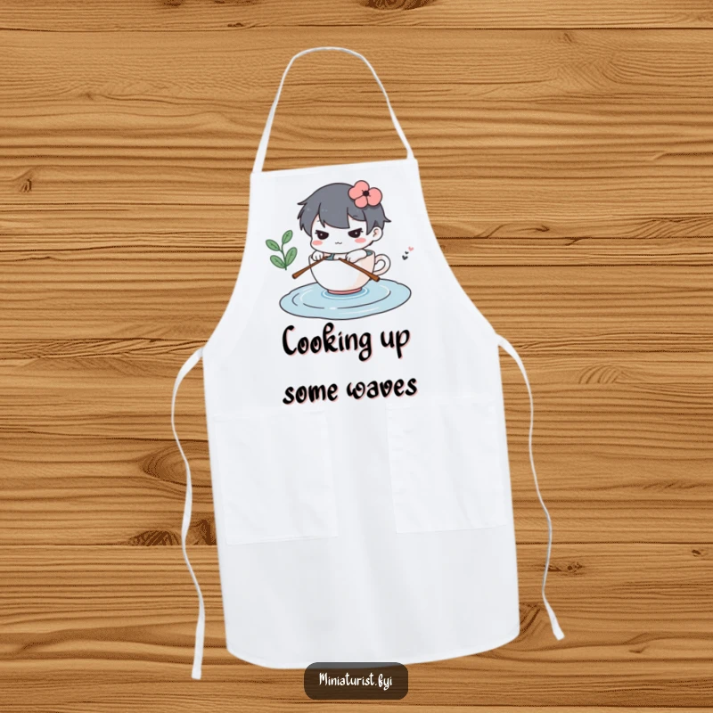 Funny apron with a determined miniature character rowing a teacup across a puddle, humorous kitchen wear.
