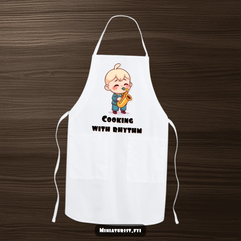 Funny saxophone apron with a miniature character playing a tiny saxophone with great enthusiasm, adding a musical touch to kitchen activities.