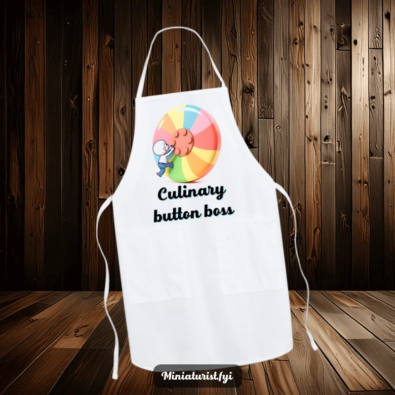 Funny Apron: A miniature character attempts to lift a giant colorful button, perfect for kitchen challenges.