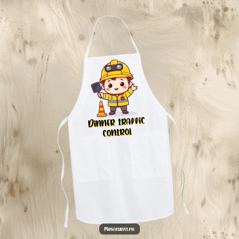 Funny apron with a tiny character in a construction hat directing miniature traffic, suitable for supervisors with a sense of humor.