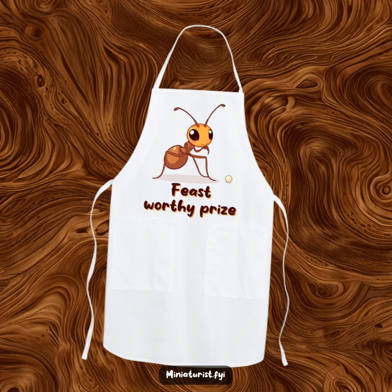 Funny apron showcasing a determined ant heroically carrying a minuscule pearl, symbolizing strength and persistence in the kitchen.