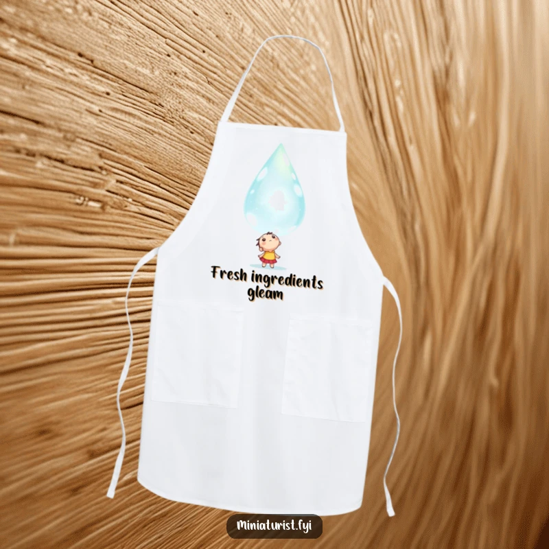 Funny tiny character looking up in awe at a colossal, sparkling dewdrop, printed on a practical and humorous apron.