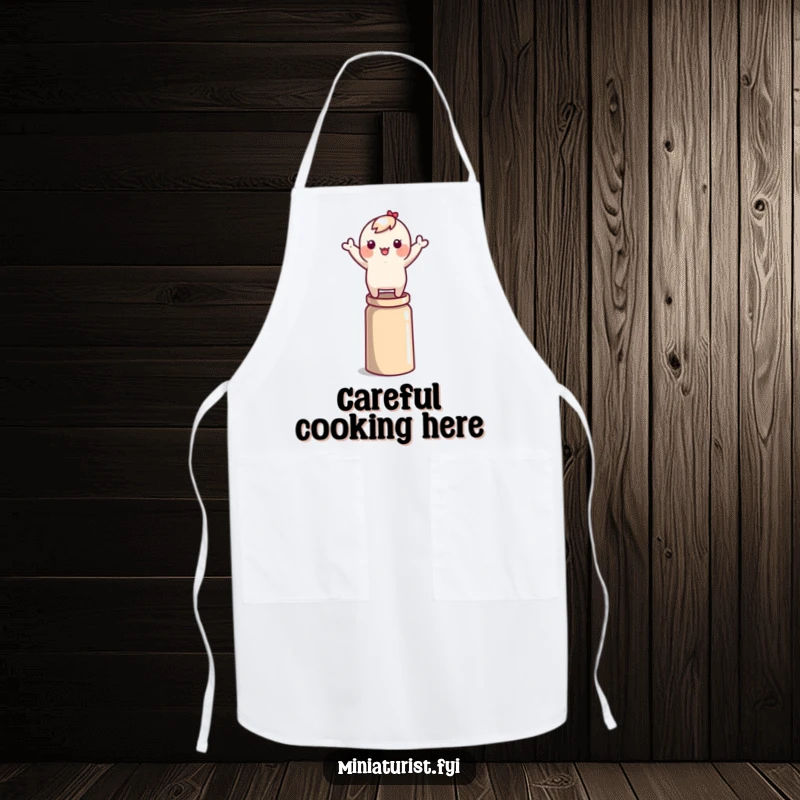 Funny tiny character precariously balancing on a thimble, arms waving, printed on a practical and humorous apron.