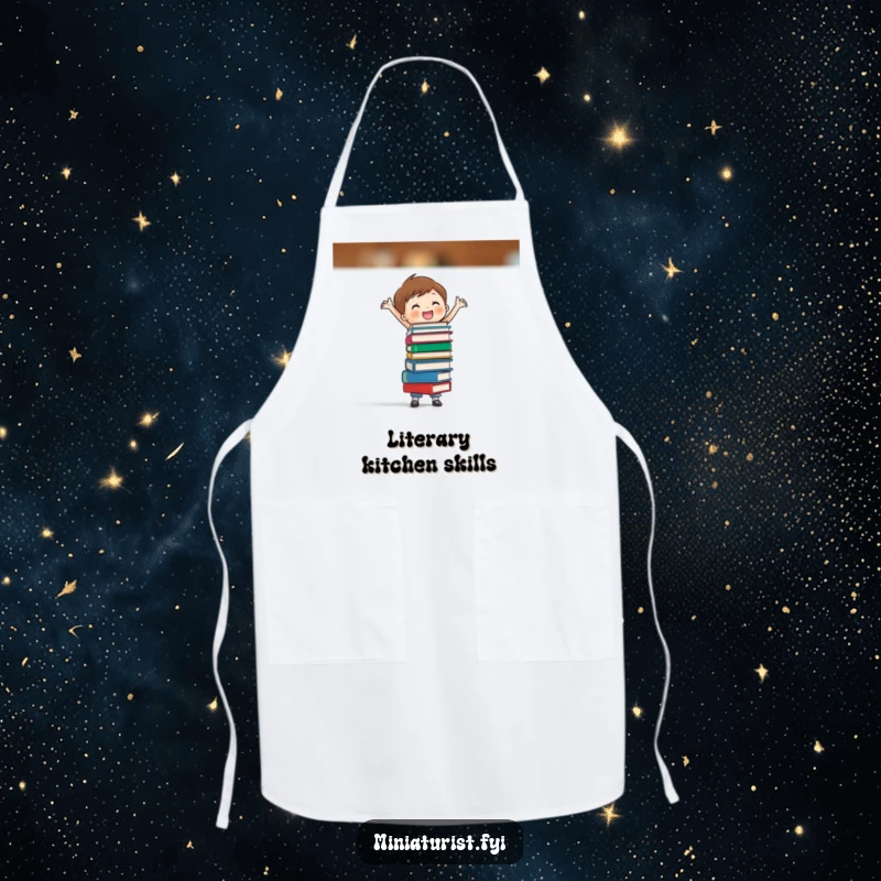 Funny apron featuring a miniature figure balancing a stack of tiny books, adding a humorous and intelligent touch to kitchen wear.