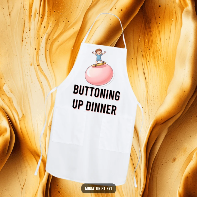 Funny miniature person enthusiastically surfing on a ridiculously large, upturned button, featured on this durable and humorous kitchen apron.