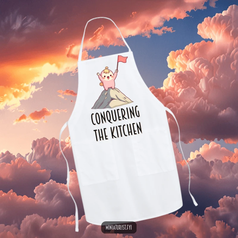 Funny apron featuring a cute character waving a miniature flag on a mountain summit, perfect for humorous kitchen endeavors.