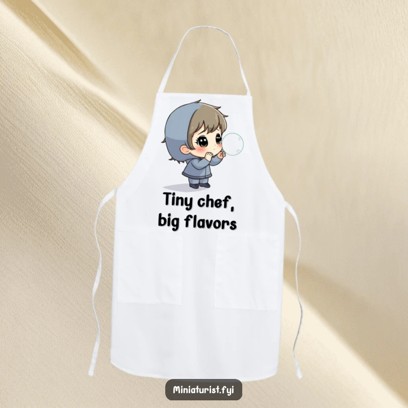 Funny Apron featuring a small person gazing at a magnified dewdrop, perfect for a curious cook.