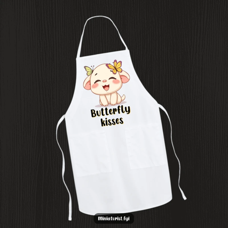 Funny apron featuring a miniature character laughing as a butterfly lands on its nose, perfect for humorous kitchen activities.