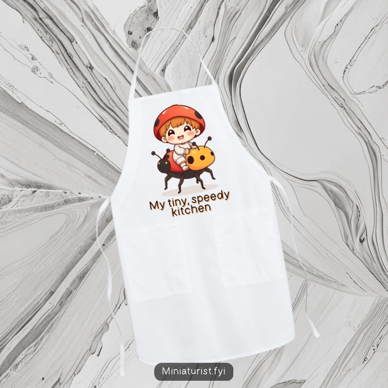 Funny apron featuring a tiny figure riding a ladybug like a noble steed, adding a humorous touch to kitchen adventures.