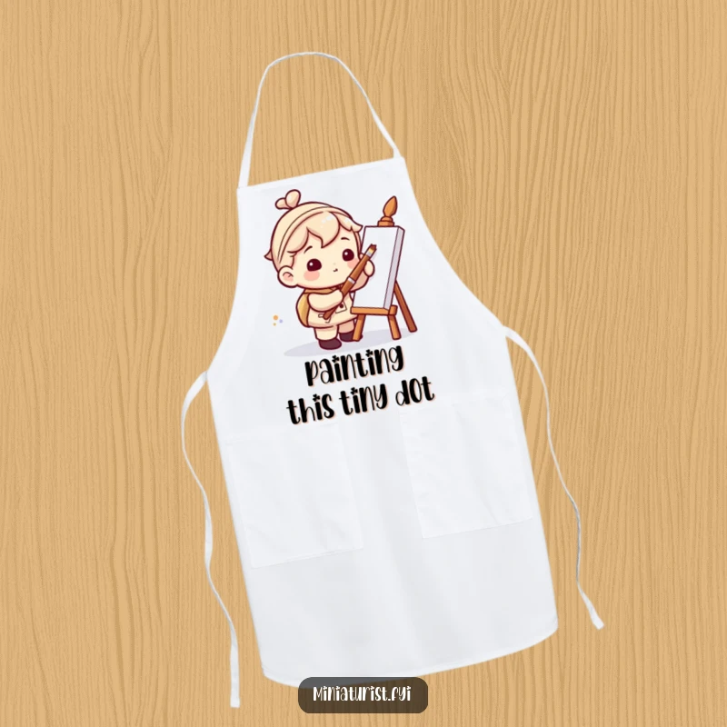 Funny apron showing a miniaturist character humorously painting a tiny dot with a colossal paintbrush, perfect for kitchen or studio.