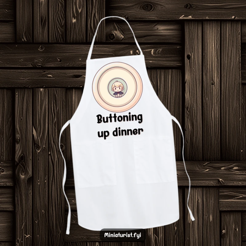 Funny apron showing a miniaturist character humorously peeking from a giant, upside-down button, ideal for cooking or crafting.