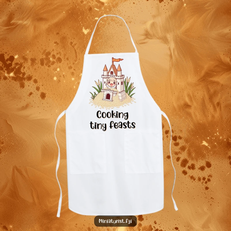Funny, tiny character building an impressive castle from rice grains on a practical cooking apron, symbolizing culinary ambition.