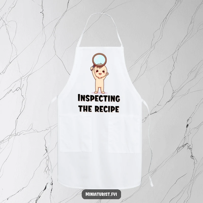Funny Investigator Apron: Tiny triumphant figure holding a comically large magnifying glass, great for kitchen investigations.