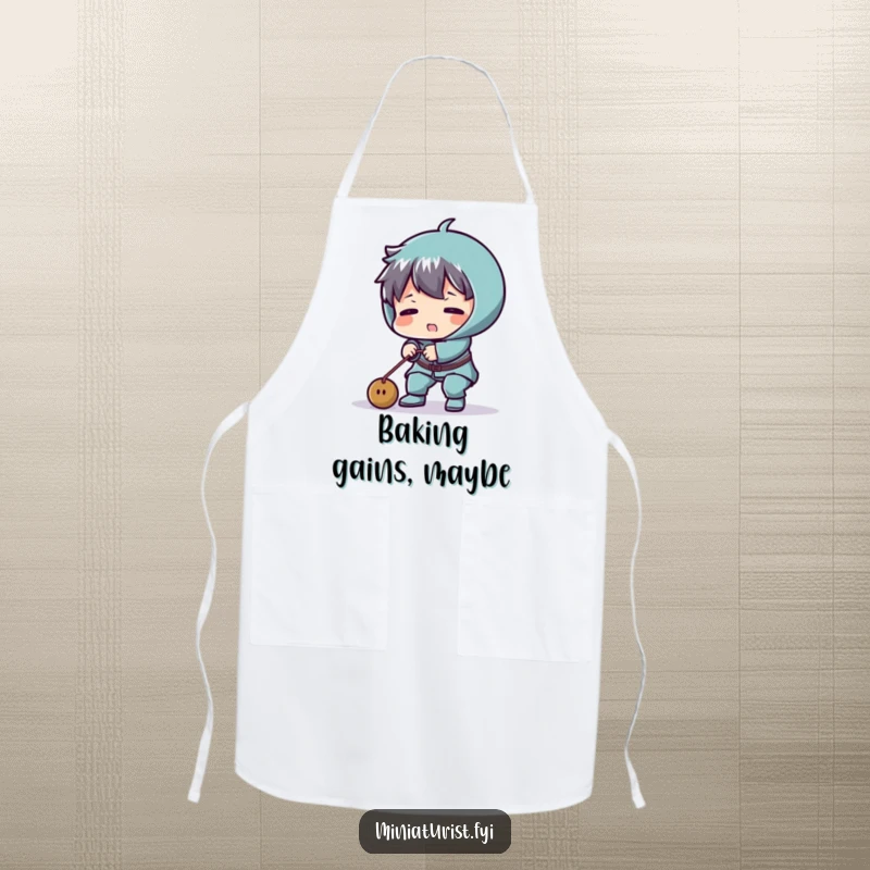 Funny apron showing a tiny character comically struggling to lift a minuscule weight, a humorous kitchen companion.