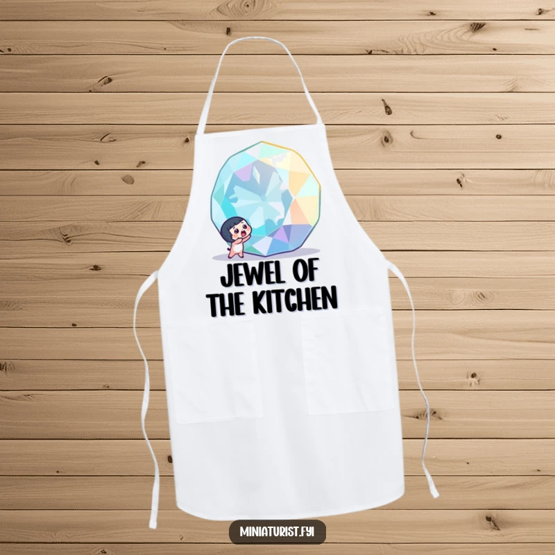 Funny tiny character with a surprised gasp, discovering a colossal, sparkling gemstone, featured on this durable and humorous kitchen apron.