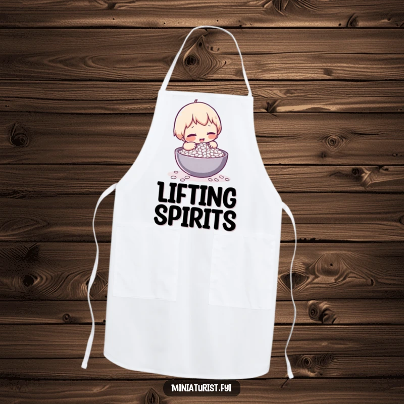 Funny apron with a tiny character comically struggling to lift a single grain of rice, perfect for kitchen humor.