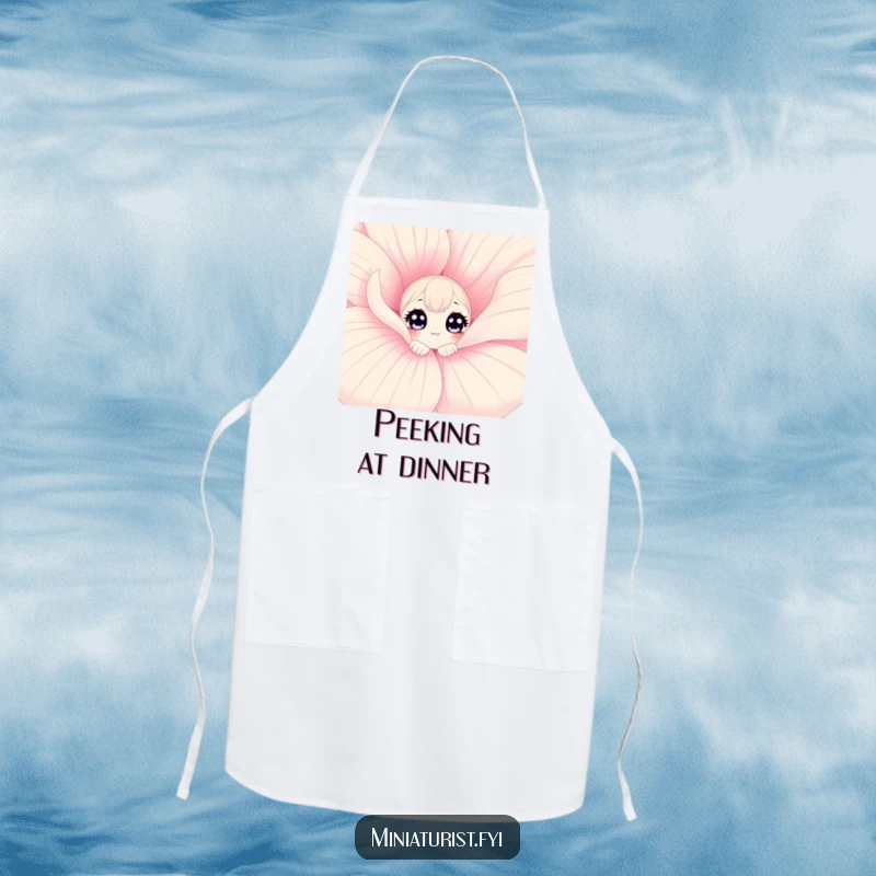 Funny curious flower apron showing a character peeking from a colossal flower petal, inspiring whimsical kitchen exploration.