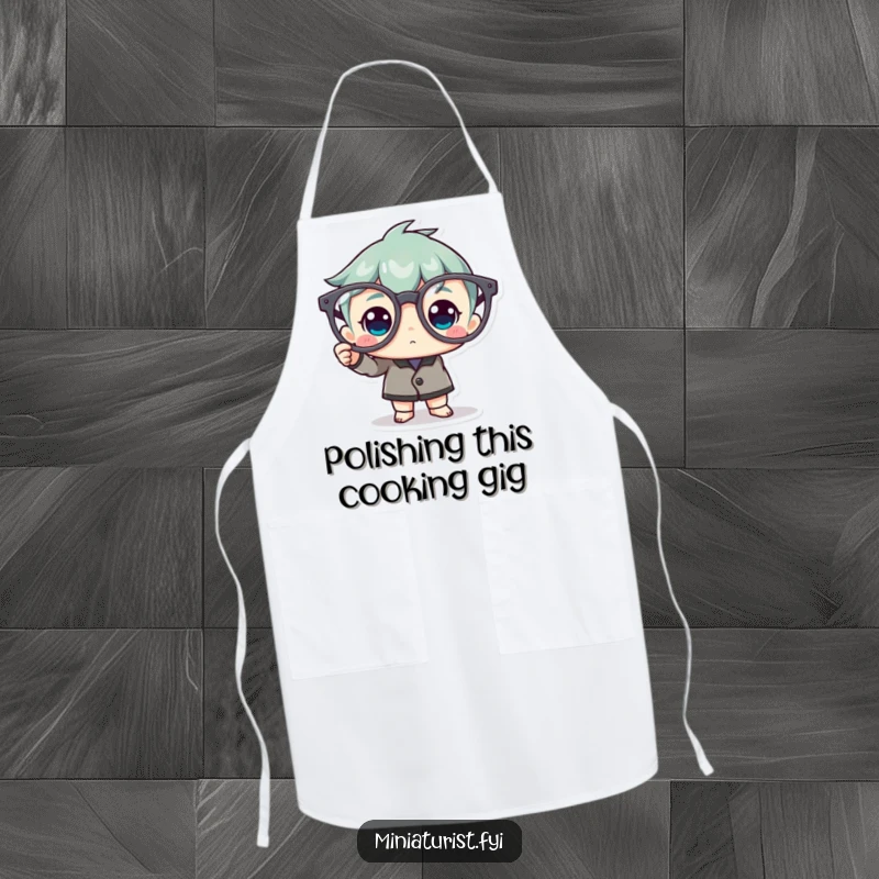 Funny Apron: A miniature character proudly polishes a pair of comically large spectacles while you cook.