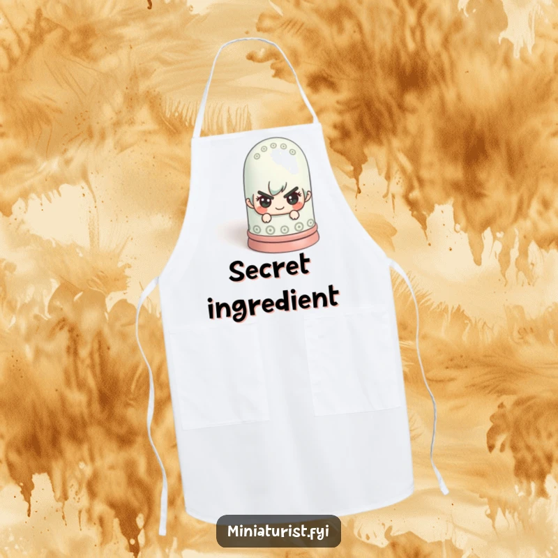 Funny miniature figure with a mischievous look hiding behind a giant thimble while wearing an apron, for playful kitchen tasks.