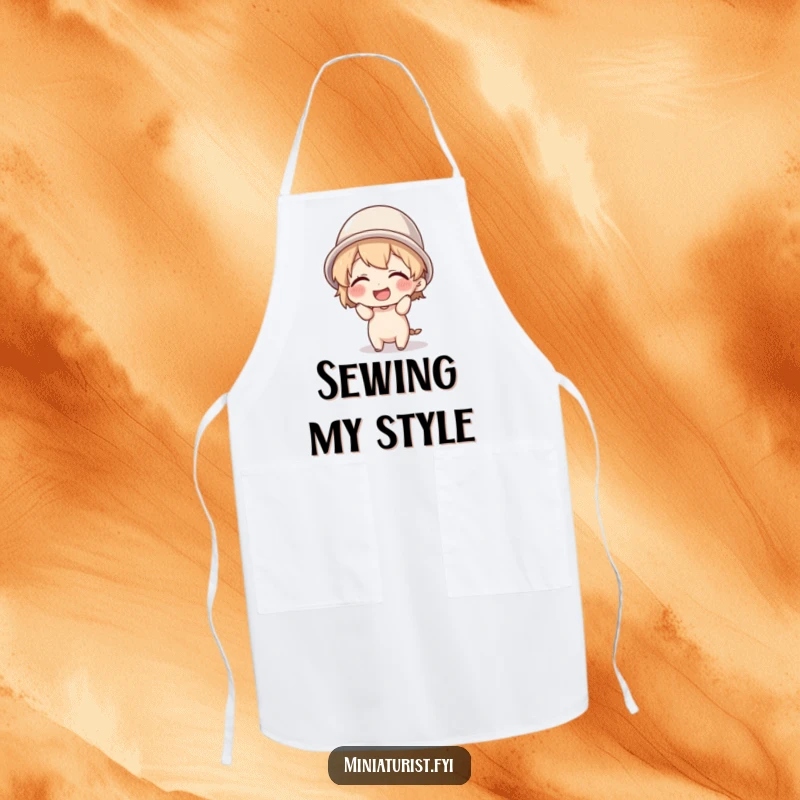 Funny tiny character giggling while attempting to wear a thimble as a hat, featured on this durable and humorous kitchen apron.