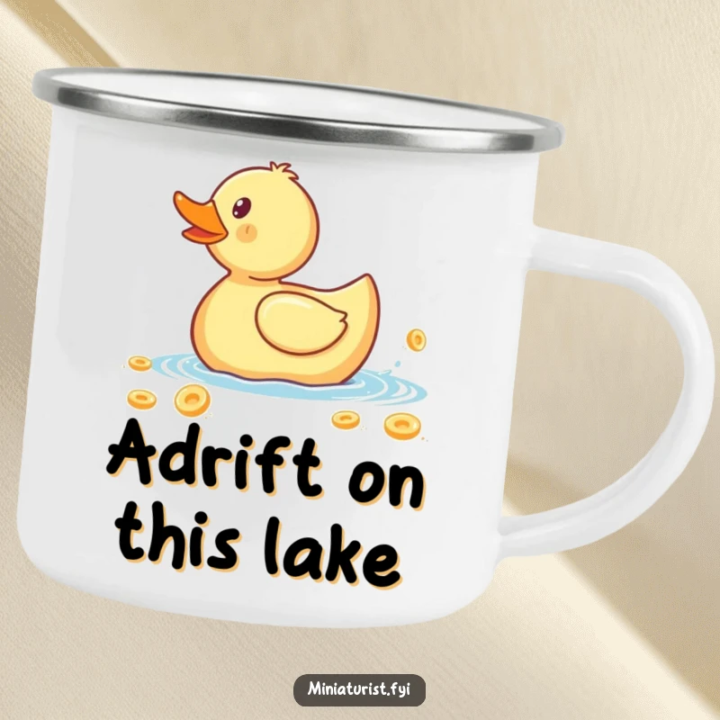 Funny camping mug showing a minuscule rubber ducky paddling a giant cereal flake, perfect for humorous outdoor sipping.