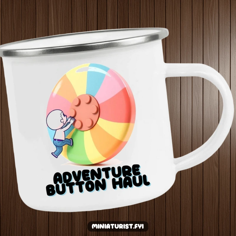 Funny Camping Mug: A tiny character attempts to lift a giant button, perfect for determined campers.