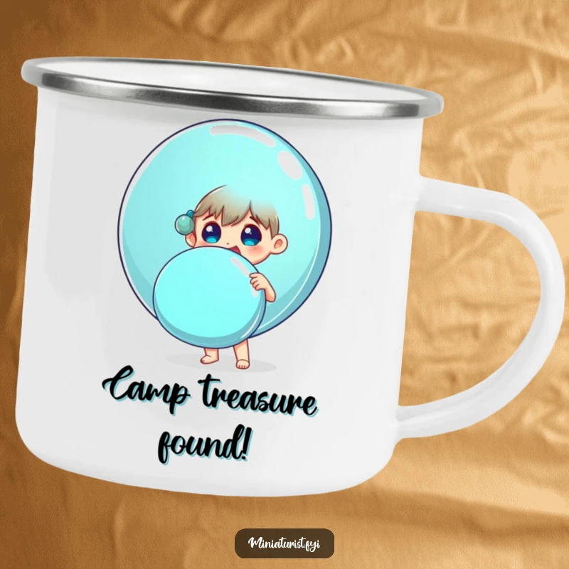 Funny camping mug showing a small person surprised and delighted holding a giant shiny button, adventurous and humorous.