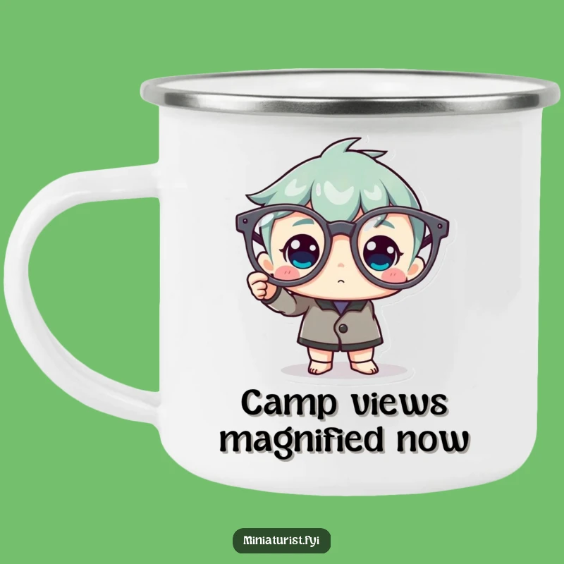 Funny Spectacle Polisher Camping Mug: Tiny Character with Giant Glasses Outdoors
