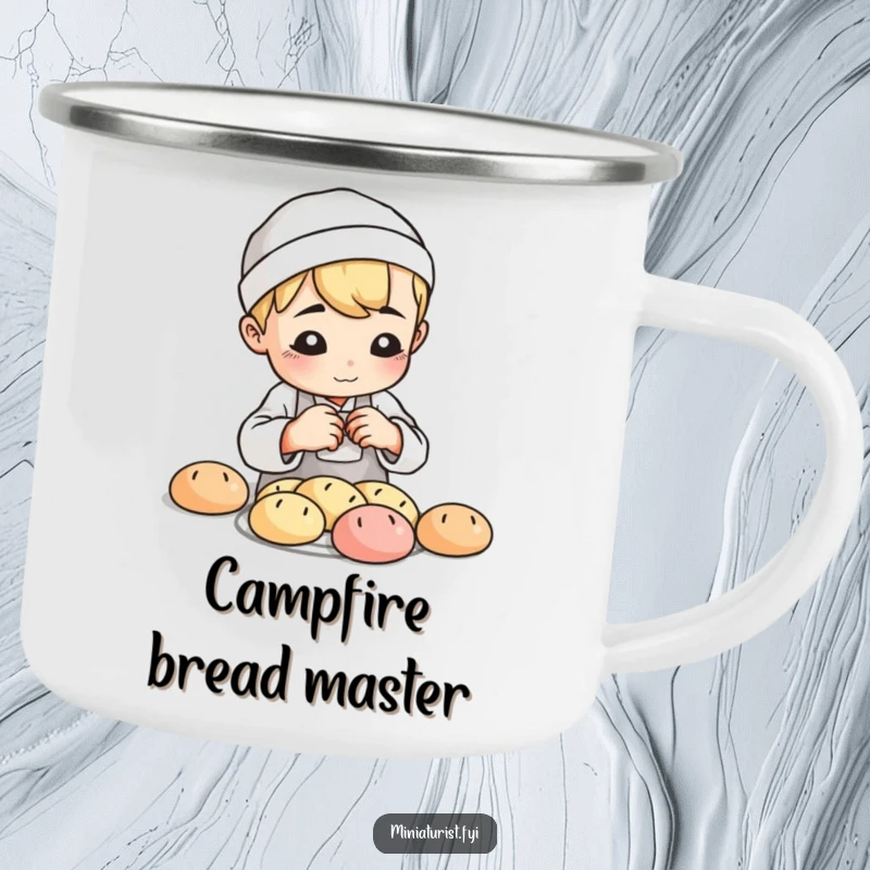Funny Baker Loaf Camping Mug, sturdy mug with a small baker shaping tiny clay bread loaves with playful focus, for outdoor baking.