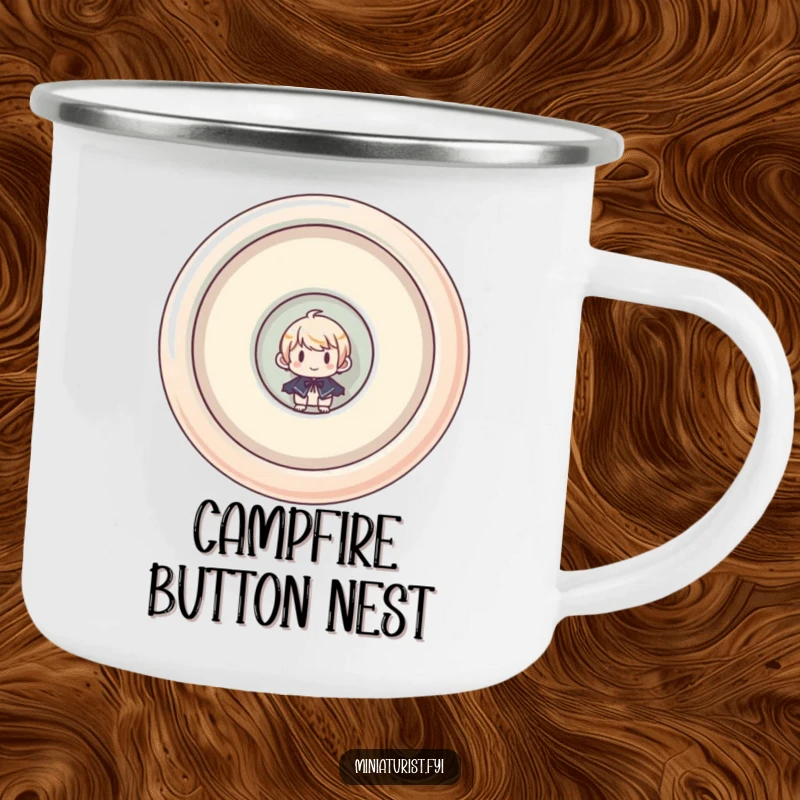 Funny camping mug with a miniaturist character humorously peeking from a giant, upside-down button, perfect for outdoor enthusiasts.