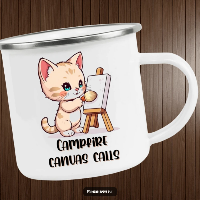 Funny Camping Mug: A tiny kitten artist with a giant brush paints a miniature easel, perfect for artistic campers.