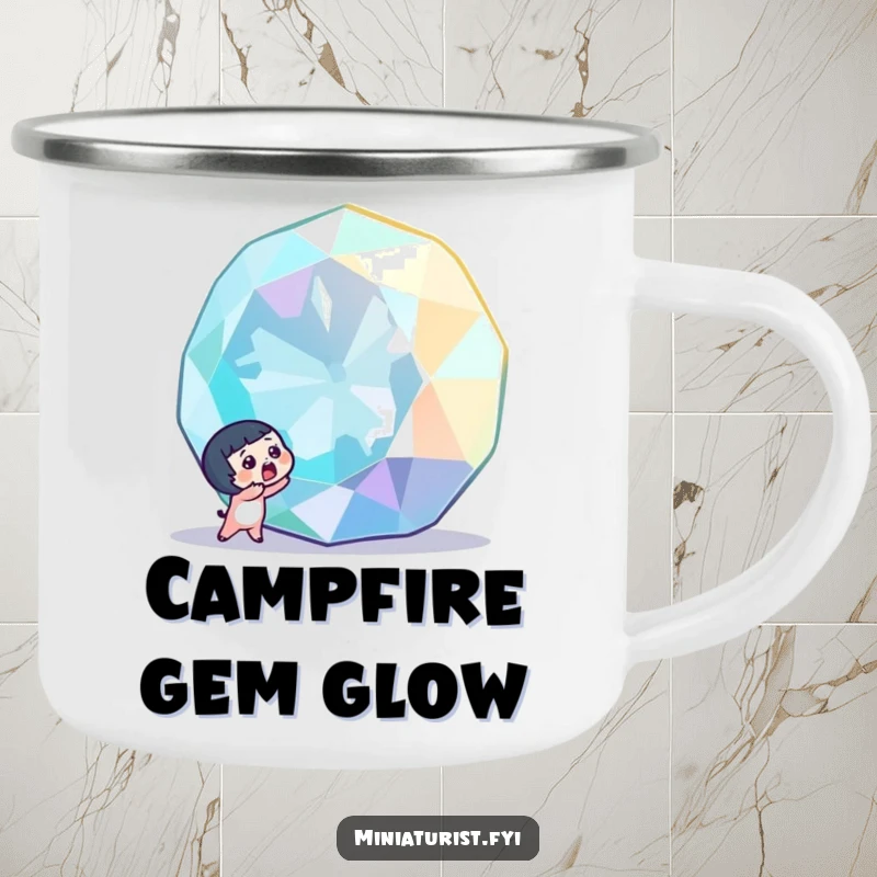 Funny tiny character with a surprised gasp, discovering a colossal, sparkling gemstone, on a durable camping mug for outdoor fun.