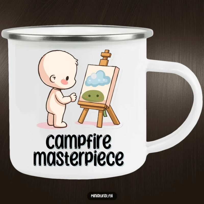 Funny Proud Artist Camping Mug with a small figure admiring tiny artwork, symbolizing artistic pride on adventures with humor.