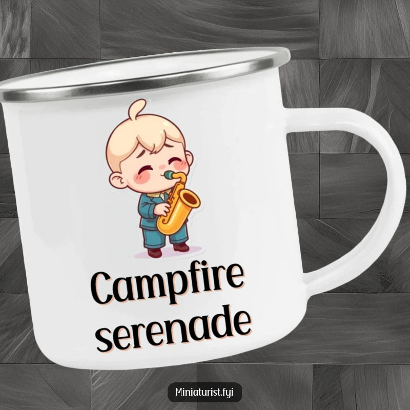 Funny saxophone camping mug with a miniature character playing a tiny sax with great enthusiasm, perfect for music-loving campers.