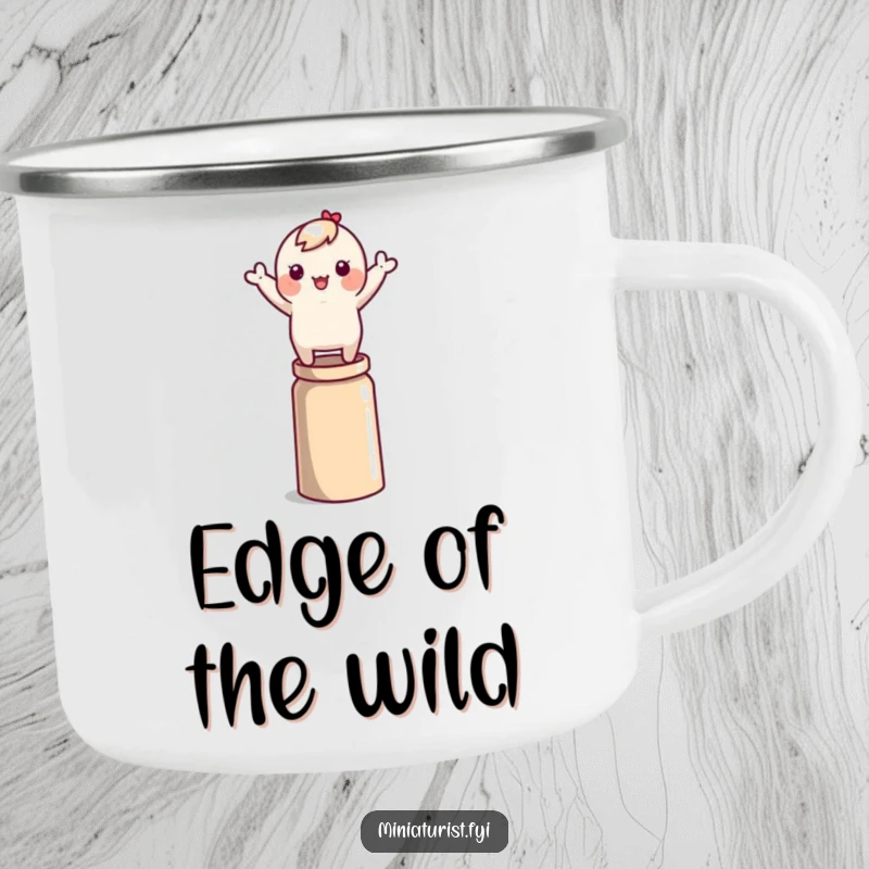 Funny tiny character precariously balancing on a thimble, arms waving, illustrated on a durable camping mug.