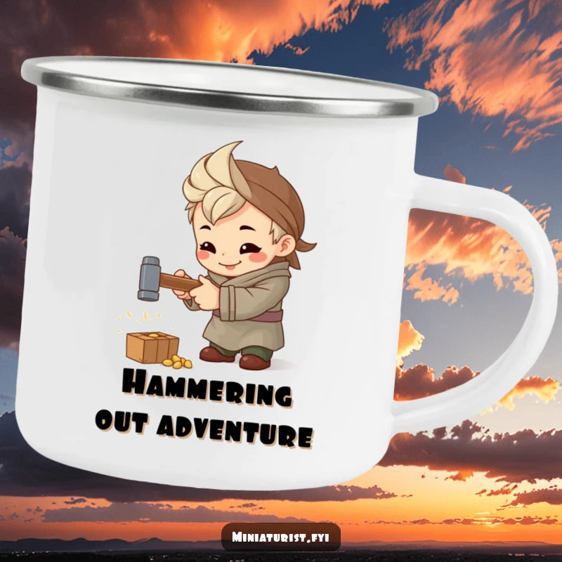 Funny Artisan Hammer Camping Mug, sturdy mug with a tiny artisan intensely hammering, perfect for focused outdoor drinks.
