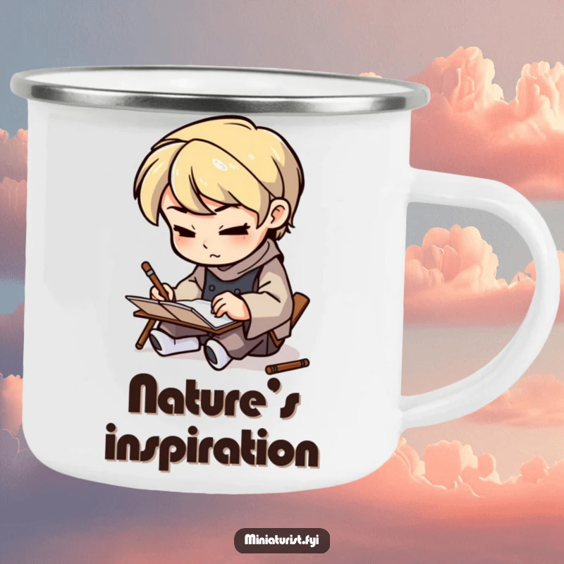 Funny Artisan Sketcher Camping Mug with a small figure sketching on a tiny notepad, symbolizing creative focus on adventures with humor.