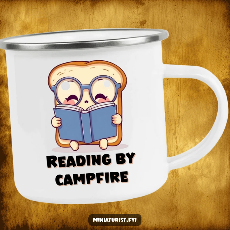 Funny miniature toast character wearing oversized spectacles, reading a huge book, designed for outdoor use on a durable camping mug.