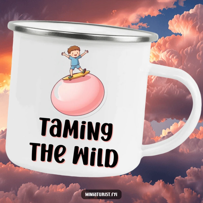 Funny miniature person enthusiastically surfing on a ridiculously large, upturned button, on a durable camping mug for outdoor fun.