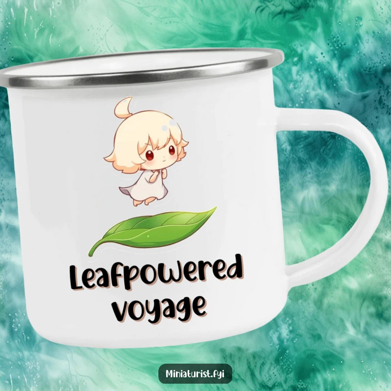 Funny camping mug with a tiny character riding a leaf, carried by a gentle breeze, ideal for humorous outdoor enjoyment.