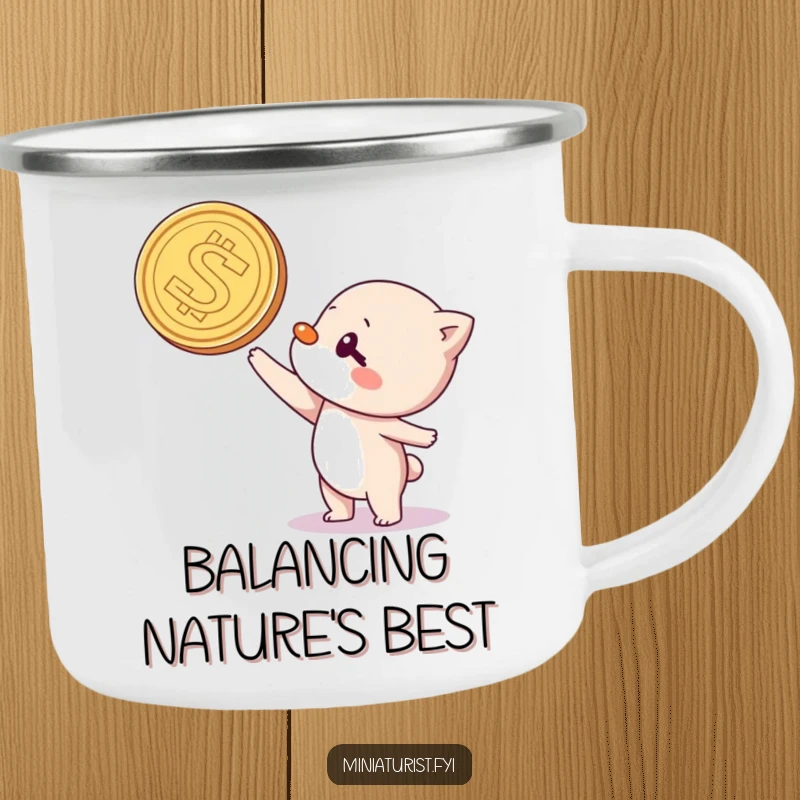 Funny camping mug showing a character balancing a huge coin on its nose, ideal for outdoor enthusiasts who appreciate humor.