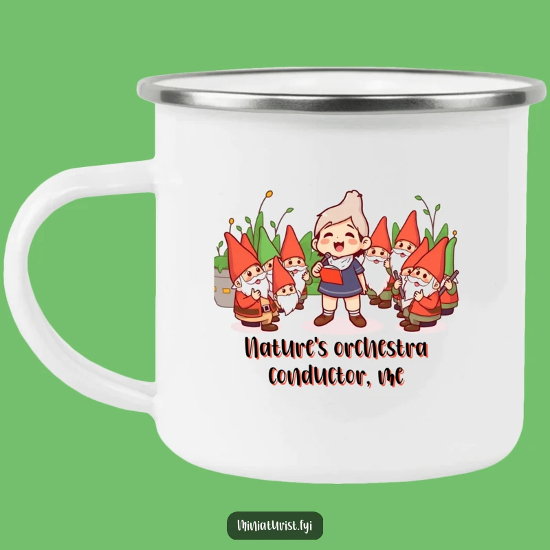 Funny Gnome Orchestra Conductor Camping Mug: Tiny Maestro Leading Garden Gnomes Outdoors