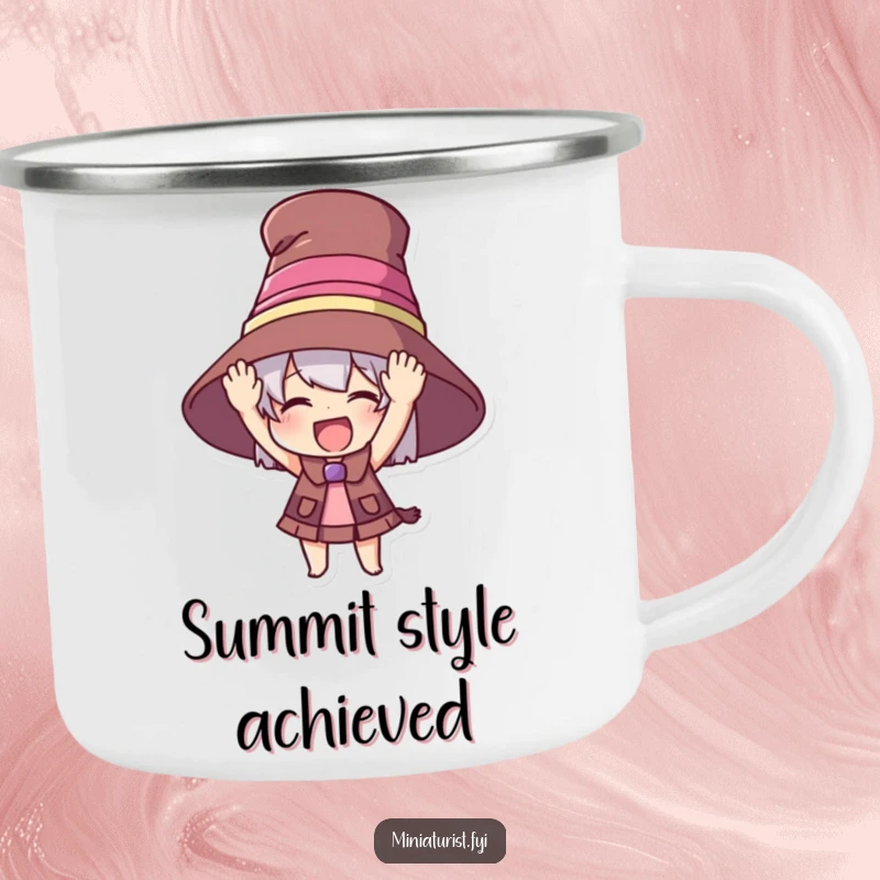 Funny camping mug depicting a small character wearing a huge hat, perfect for outdoor enthusiasts who embrace bold humor.