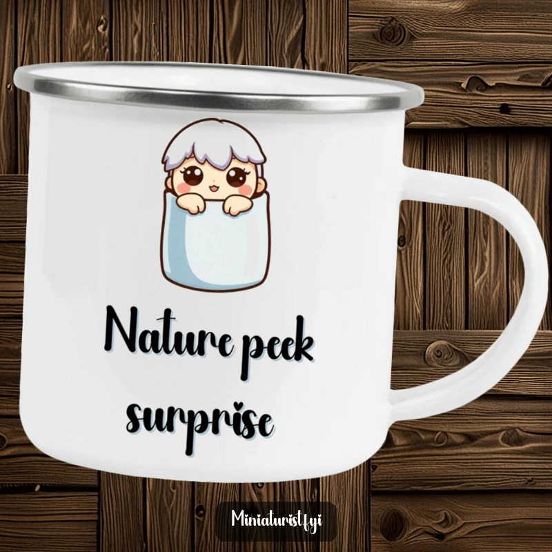Funny Camping Mug: A tiny character with a surprised expression peeks from a thimble, perfect for outdoor enthusiasts.