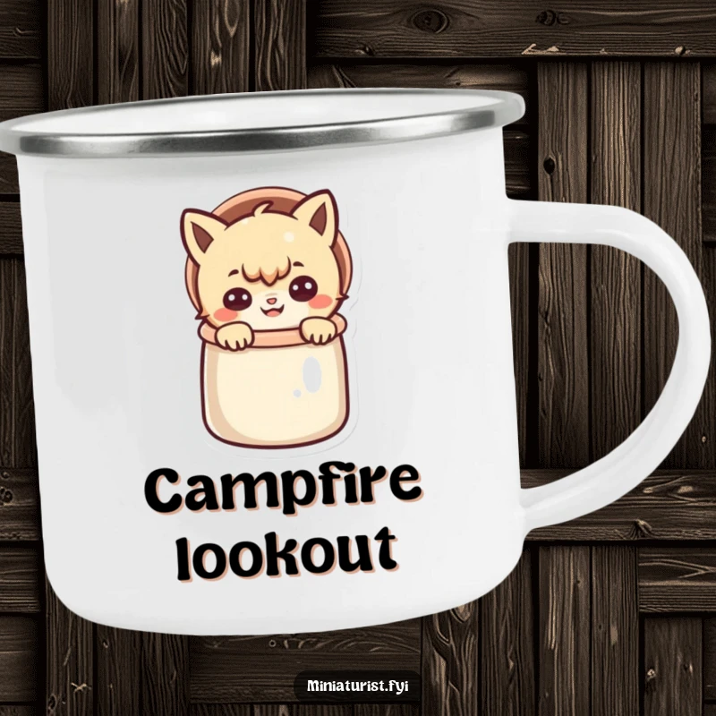 Funny camping mug depicting a small character peeking out of a thimble with a mischievous grin, perfect for outdoor humor.